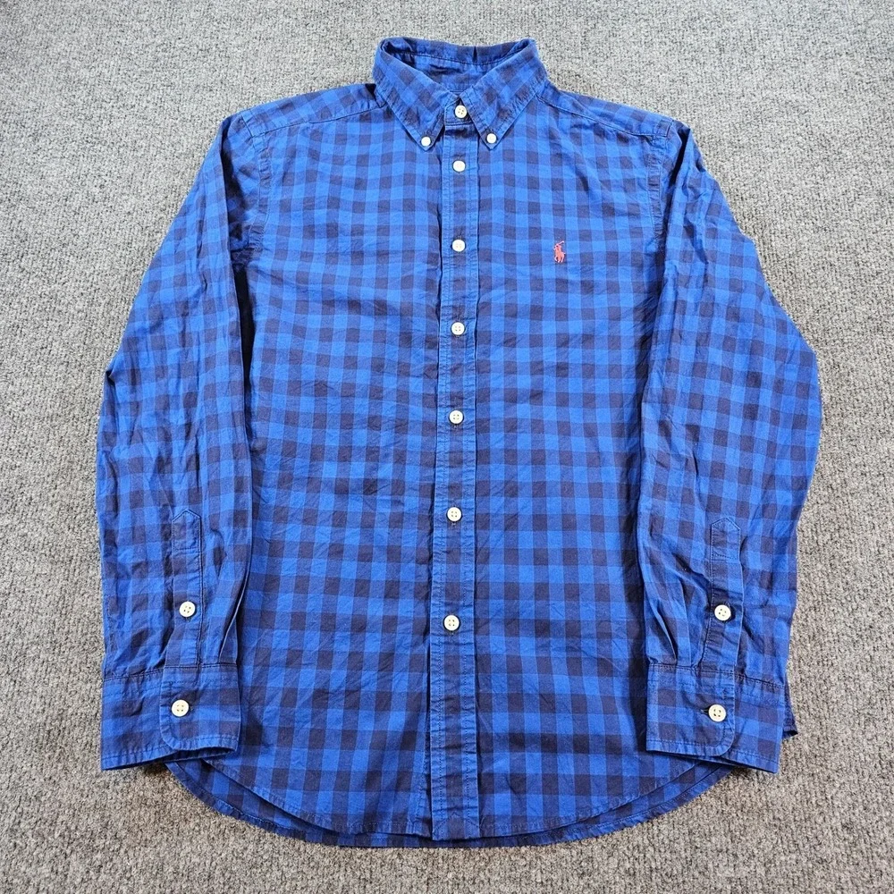 Ralph Lauren Boys Blue Gingham Check Button Down Shirt Size L 14-16 Cotton 0518